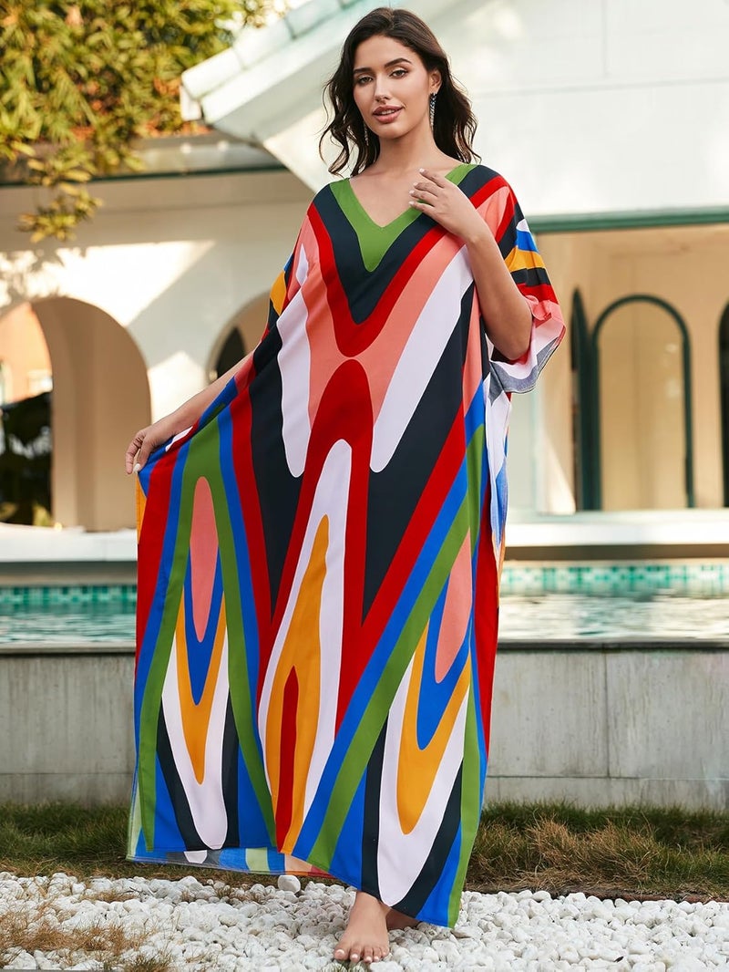 IMAGEKOPE Women's Plus Size Loose Fit Moroccan Print V-Neck Batwing Kaftan Beach Dress Bathing Suit Cover Up - Image 2